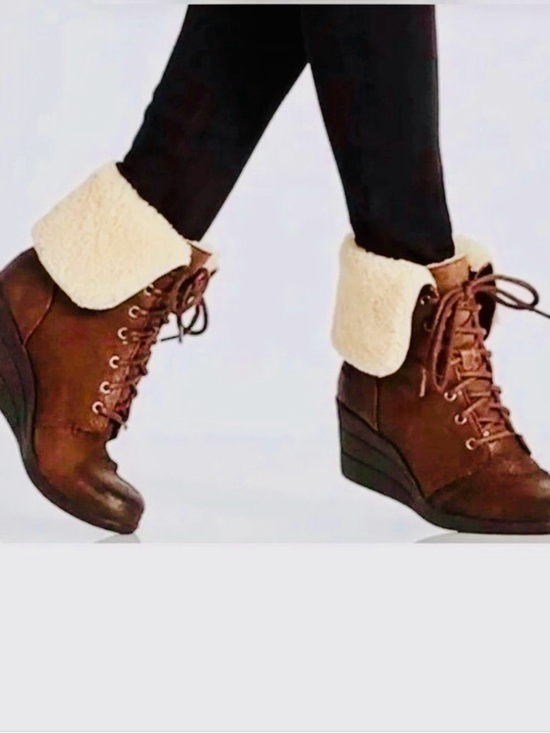 UGG Shoes - UGG Brown Lace-Up Wedge Ankle Boots with Cream Faux Fur Cuff